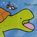 Interior spread with print and braille for That's Not My Turtle showing a green turtle with a fuzzy pink tongue