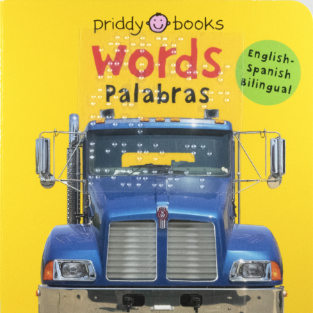 Cover of Words Palabras showing a blue truck on a yellow background with print words and transcribed braille