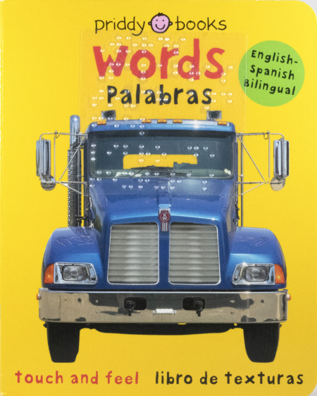 Cover of Words Palabras showing a blue truck on a yellow background with print words and transcribed braille