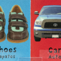 Interior spread with print and braille for Words Palabras showing tactile illustrations of shows and a car with print words and transcribed braille