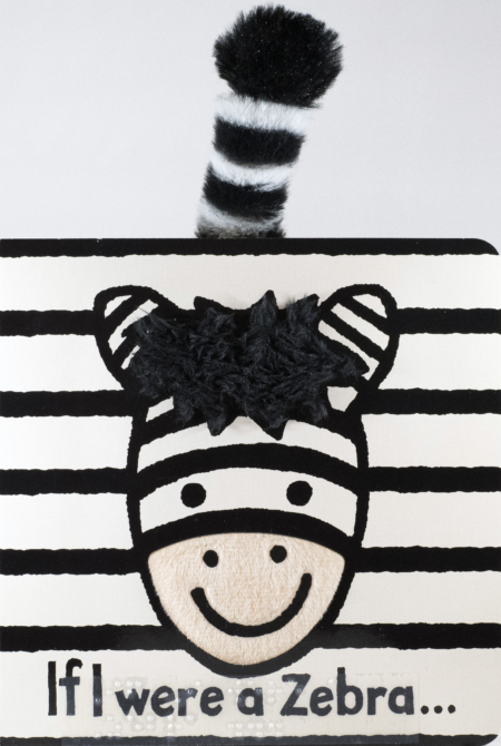 Cover of If I Were a Zebra with print, braille, and a picture of a zebra with a fuzzy nose on a black and white striped background