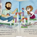 Interior spread with print and braille for A Day with Emilia showing Emilia and her dad playing with blocks