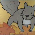 Interior spread with print and braille for That’s Not My Squirrel showing a grey squirrel on an orange background with leaves