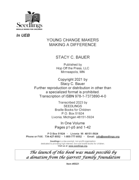 Cover of Young Change Makers: Making a Difference by Stacy C. Bauer