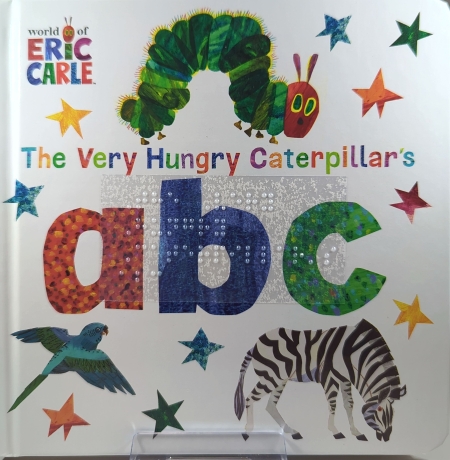 Cover of The Very Hungry Caterpillar's ABC book with a white background and images of the hungry caterpillar, a bird, and a zebra.