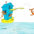 A picture with a yellow wooden boat with a small blue house on top and brown dogs in the house. One dog is jumping from the house into the water, with two tiny fish swimming in the water.