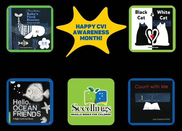 Black background with four different book titles, one with a white and blue whale, one with a black and white cat, one with a black and white fish, and one with a blue book. The seedlings logo is present in green and blue.