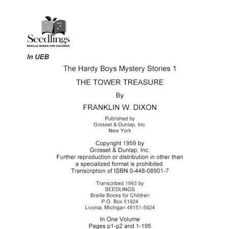 Cover image for The Hardy Boys Mystery Stories 1 The Tower Treasure by Franklin W Dixon