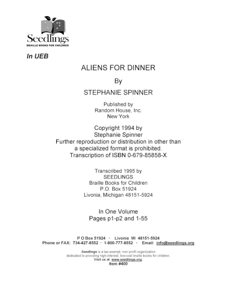 Cover image for Aliens for Dinner by Stephanie Spinner