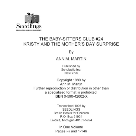 Cover image for The Baby Sitter's Club # 24 Kristy and the Mother's Day Surprise by Ann M Martin