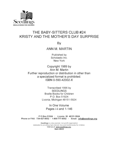 Cover image for The Baby Sitter's Club # 24 Kristy and the Mother's Day Surprise by Ann M Martin