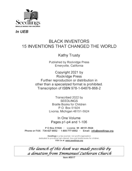 Cover image for Black Inventors 15 Inventions That Changed the World by Kathy Trusty