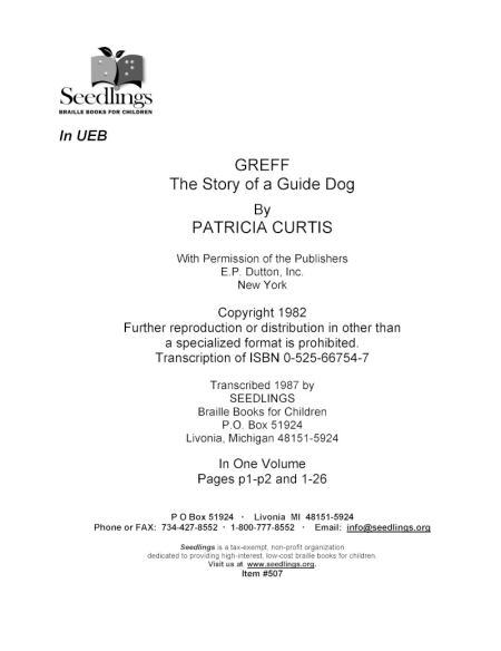 Cover for Greef The Story of a Guide Dog by Patricia Curtis