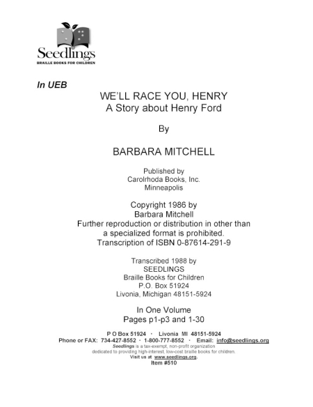 Cover image for We'll Race You Henry A Story About Henry Ford by Barbara Mitchell