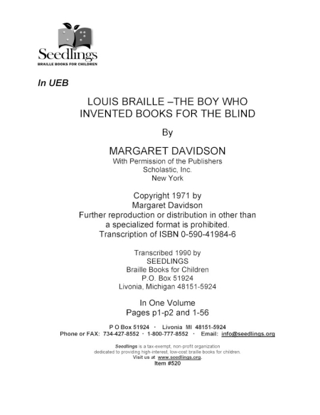 Cover image for Louis Braille-The Boy Who Invented Books For the Blind by Margaret Davidson
