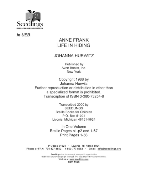 Cover image for Anne Frank Life in Hiding by Johanna Hurwitz