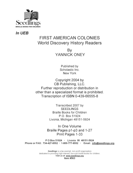 Cover image for First American Colonies World Discovery History Readers by Yannick Oney