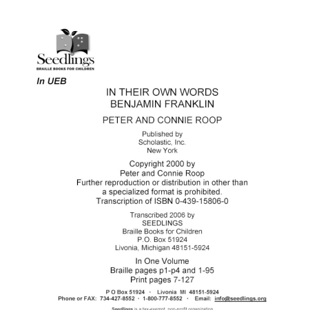 Cover image for In Their Own Words Benjamin Franklin by Peter and Connie Roop