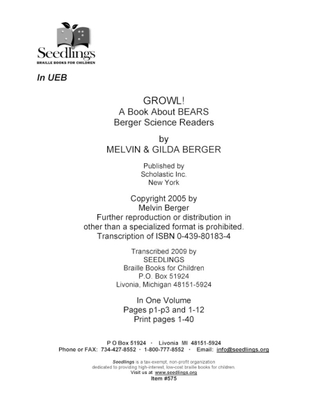 Cover Image for Growl! A Book about Bears by Melvin and Gilda Berger