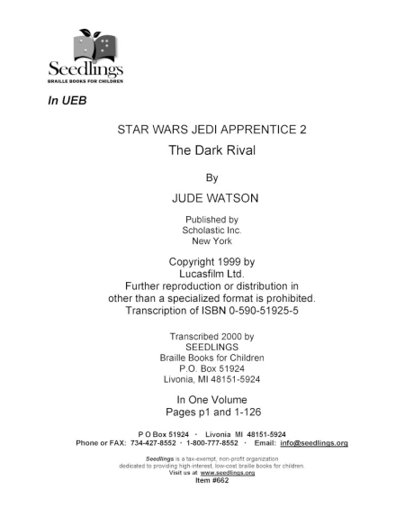 Cover image for Star Wars Jedi Apprentice 2 The Dark Rival by Jude Watson