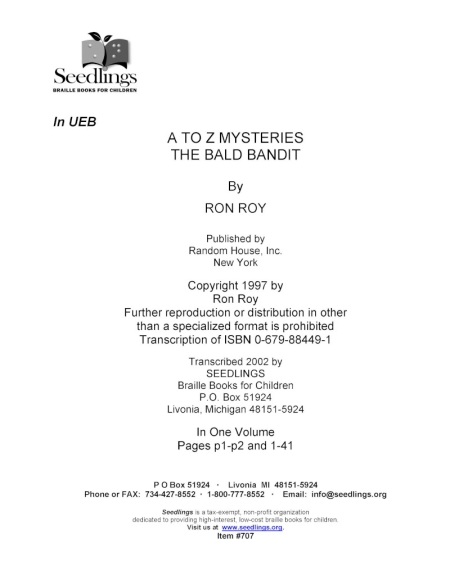 Cover image for A to Z Mysteries the Bald Bandit by Ron Roy