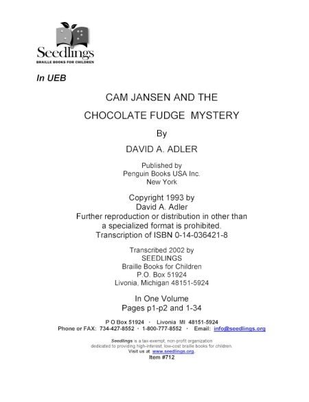 Cover image for Cam Jansen and the Chocolate Fudge Mystery by David A Adler
