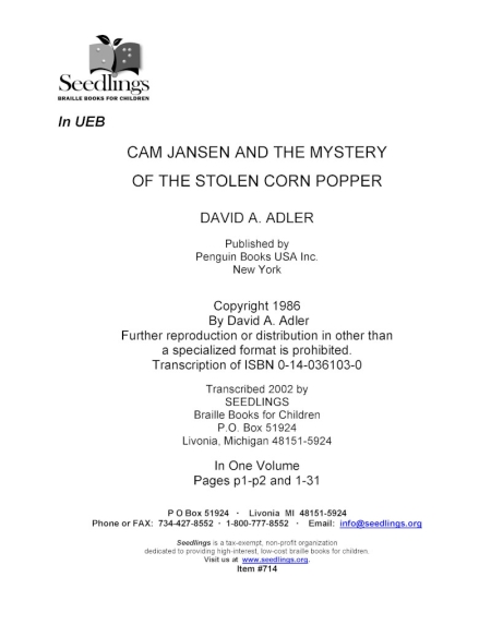 Cover image for Cam Jansen and the Mystery of the Stolen Corn Popper by David A Adler