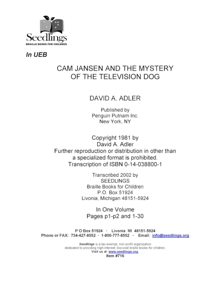 Cover image for Cam Jansen and the Mystery of the Television Dog by David A Adler