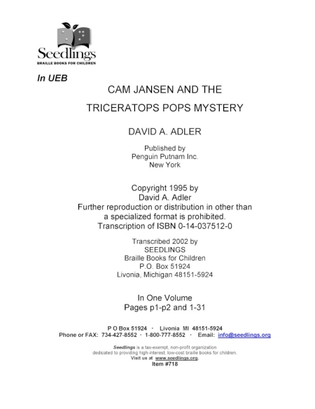 Cover image for Cam Jansen and the Triceratops Pops Mystery