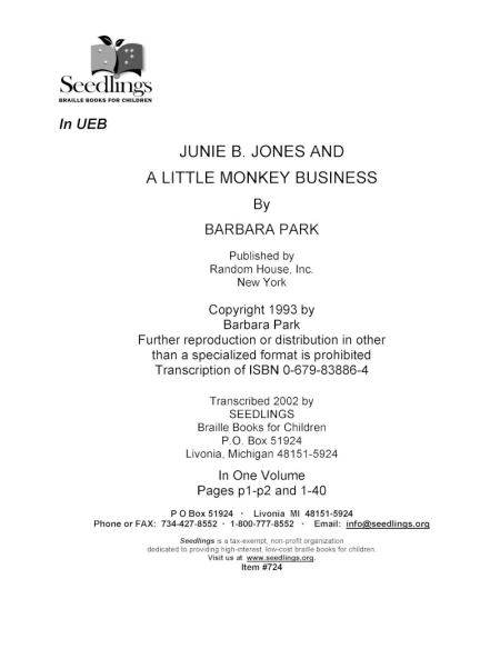 Cover Image for Junie B Jones and A Little Monkey Business By Barbara Park