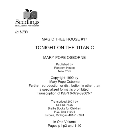 Cover image for Magic Tree House #17 Tonight on the Titanic by Mary Poe Osborne