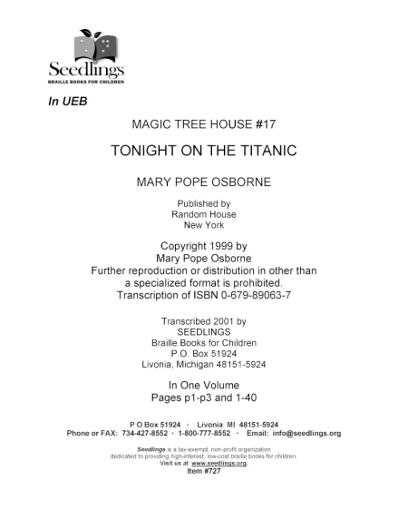 Cover image for Magic Tree House #17 Tonight on the Titanic by Mary Poe Osborne