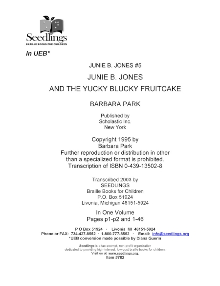 Cover image for Junie B Jones # 5 Junie B Jones And the Ycky Blucky Fruitcakeby Barbara Park