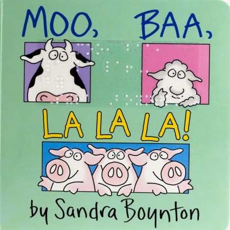A cow, a sheep, and three pigs drawn in a cartoon style. Seafoam green background.