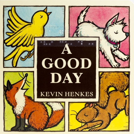 Four panels display cartoon animals in a square: a bird, a dog, a fox, and a squirrel.