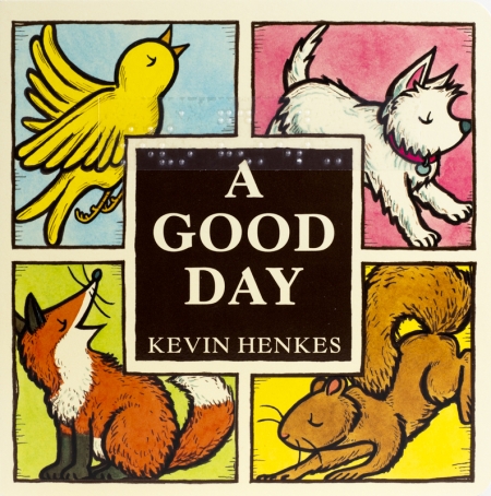 Four panels display cartoon animals in a square: a bird, a dog, a fox, and a squirrel.