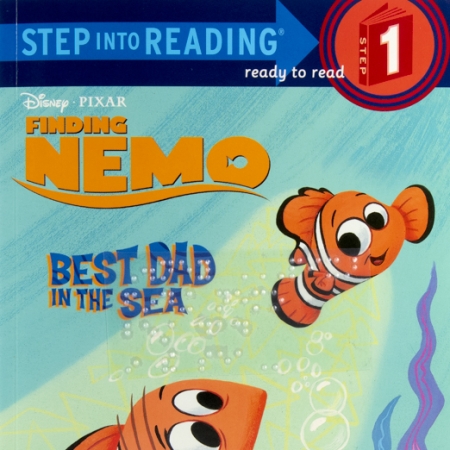 Two clownfish swim together under the sea. One clownfish is younger and has a small fin. They are both smiling.