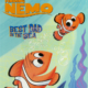 Two clownfish swim together under the sea. One clownfish is younger and has a small fin. They are both smiling.