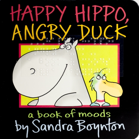 A cartoon hippo and duck sit beside one another; the hippo smiles and the duck frowns. They are framed by a yellow rectangle against a black background.