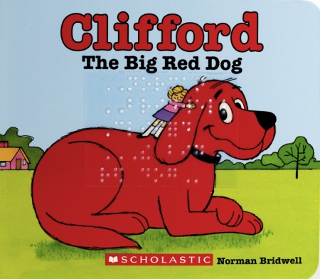 Giant cartoon dog, Clifford, sits with his owner, Emily Elizabeth, standing on his back. Both are smiling, and Emily Elizabeth's eye are closed as she hugs Clifford's neck.