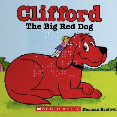 Giant cartoon dog, Clifford, sits with his owner, Emily Elizabeth, standing on his back. Both are smiling, and Emily Elizabeth's eye are closed as she hugs Clifford's neck.