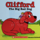 Giant cartoon dog, Clifford, sits with his owner, Emily Elizabeth, standing on his back. Both are smiling, and Emily Elizabeth's eye are closed as she hugs Clifford's neck.