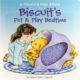 A young child, wearing pajamas, sits with Biscuit, the puppy. Biscuit sits in a basket and the child is covering him with a blanket.