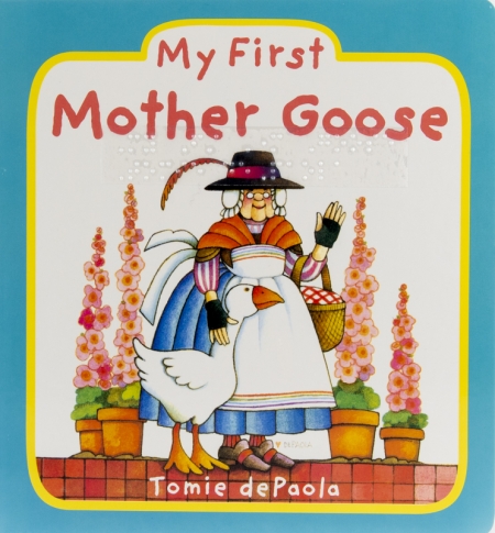 An elderly woman stands beside a goose. The woman wears glasses and has white hair. She also wears a blue dress, white apron, and brimmer black hat with a long feather.