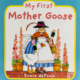 An elderly woman stands beside a goose. The woman wears glasses and has white hair. She also wears a blue dress, white apron, and brimmer black hat with a long feather.