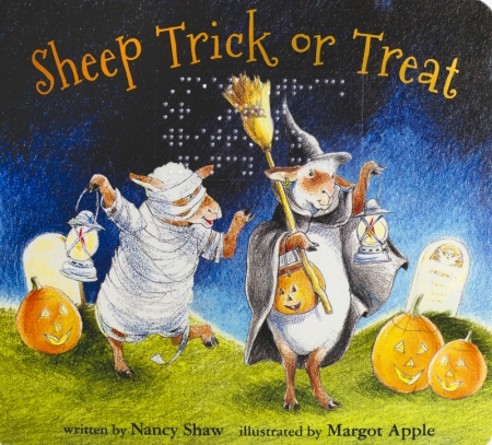 Two cartoon sheep walk, bipedal, dressed in costumes. One wears a witch costume, the other wears a mummy costume.
