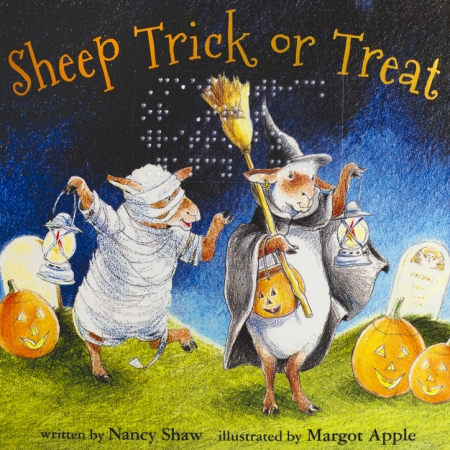 Two cartoon sheep walk, bipedal, dressed in costumes. One wears a witch costume, the other wears a mummy costume.