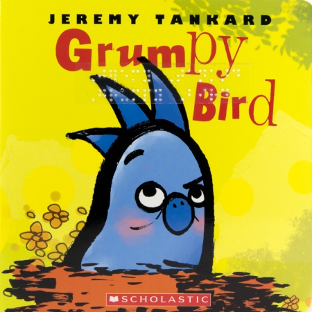 A blue, cartoon bird sits in a nest. It has one eyebrow raised and an annoyed expression.