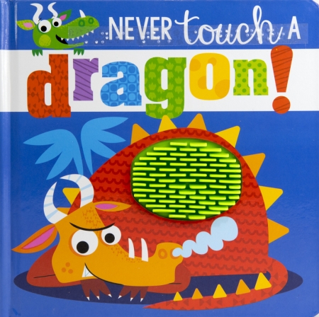 A cartoon dragon wears a mischievous express. Smoke billows from its snout and it has a tactile silicone patch on its back.