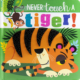 A cartoon tiger lies curled up, and a monkey hangs above. The tiger has a serene expression and large tactile, silicone stripes on its back.